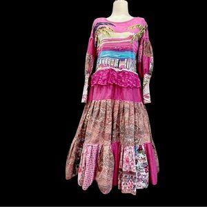 Upcycled Pink Boho shabby chic maxi dress with mutton chop sleeves Size M-L